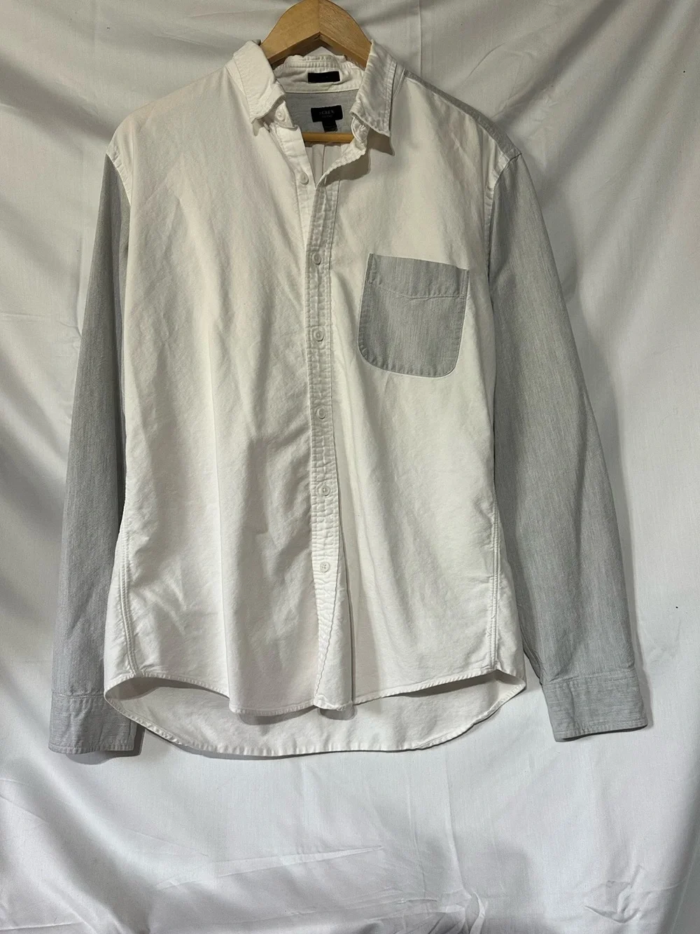 J. Crew Men's White Shirt with Light Gray Sleeves and Pocket